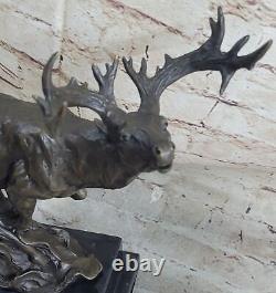 Signed Original Male Reindeer Buck Hunting Bronze Sculpture Marble Figurine Statue