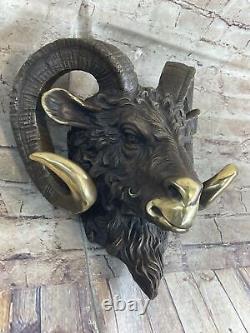 Signed Original Mascot RAM Head Bronze Sculpture Marble Base Art Deco Statue