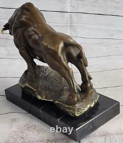 Signed Original Open By B. C Zhang Charge Bull Bronze Sculpture Marble Base