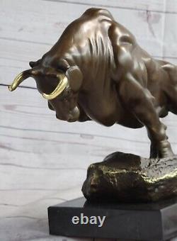 Signed Original Open By B. C Zhang Charge Bull Bronze Sculpture Marble Base