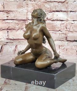 Signed Original Patina Girl Model Sitting Bronze Sculpture Marble Base Chair