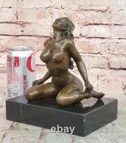 Signed Original Patina Girl Model Sitting Bronze Sculpture Marble Base Chair
