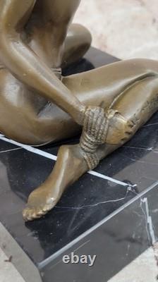 Signed Original Patina Girl Model Sitting Bronze Sculpture Marble Base Chair