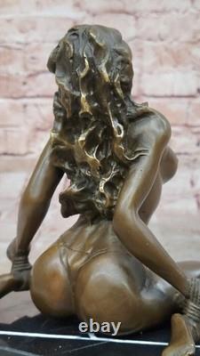 Signed Original Patina Girl Model Sitting Bronze Sculpture Marble Base Chair