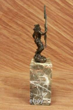 Signed Original Poseidon God of the Sea Bronze Figurine on Marble Base Home Décor Art