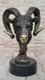 Signed Original Ram Mascot Bronze Head Sculpture On Marble Base Statue Figurine