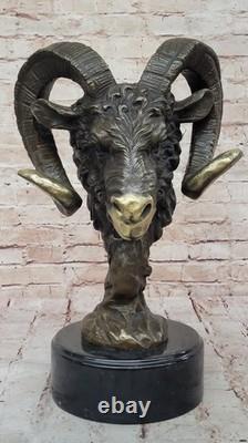 Signed Original RAM Mascot Bronze Head Sculpture on Marble Base Statue Figurine