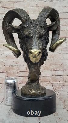 Signed Original RAM Mascot Bronze Head Sculpture on Marble Base Statue Figurine