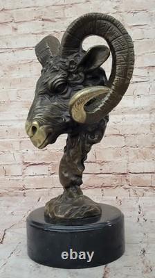 Signed Original RAM Mascot Bronze Head Sculpture on Marble Base Statue Figurine