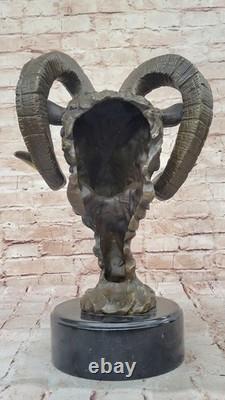 Signed Original RAM Mascot Bronze Head Sculpture on Marble Base Statue Figurine