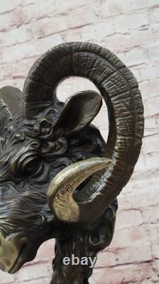 Signed Original RAM Mascot Bronze Head Sculpture on Marble Base Statue Figurine