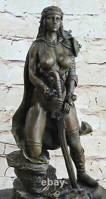 Signed Original Rigide Amazon Warrior Bronze Girl Sculpture Statue Marble