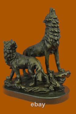 Signed Original Wolf Hurlant Bronze Sculpture Marble Socle Statue Gift Decor