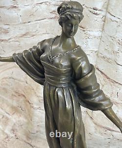 Signed Phillippe Victorien Lady 100% Solid Bronze Sculpture Marble Base Statue