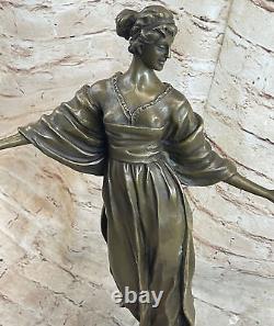 Signed Phillippe Victorien Lady 100% Solid Bronze Sculpture Marble Base Statue