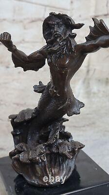 Signed Poseidon God of Sea Bronze Book End Marble Sculpture Base Statue