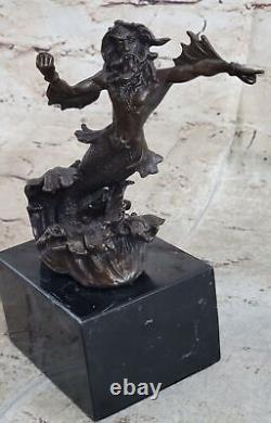Signed Poseidon God of the Sea Bronze Bookend Sculpture Marble Base Statue