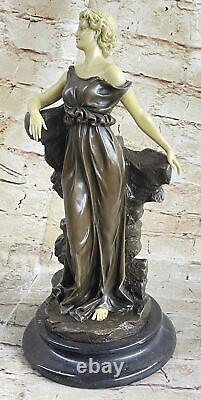 Signed Preiss Pretty Woman Standing Next To A Rock Bronze Marble Base Sculpture