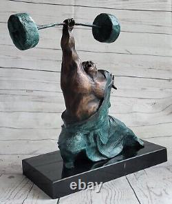 Signed Pure Bronze Marble Art Hercules Weightlifting Sculpture Bodybuilder
