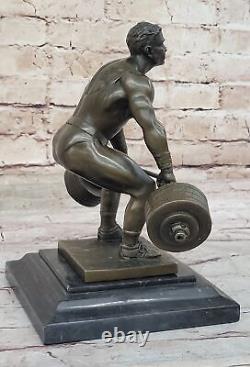 Signed Pure Bronze Marble Statue Art Hercules Weightlifting Sculpture Decor Nr