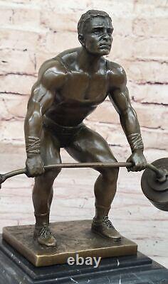 Signed Pure Bronze Marble Statue Art Hercules Weightlifting Sculpture Decor Nr
