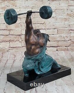 Signed Pure Bronze Marble Statue Art Hercules Weightlifting Sculpture Opener