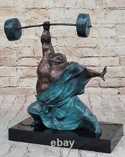 Signed Pure Bronze Marble Statue Art Hercules Weightlifting Sculpture Opener