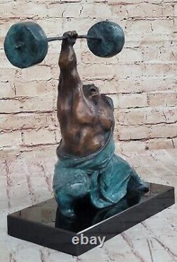 Signed Pure Bronze Marble Statue Art Hercules Weightlifting Sculpture Opener