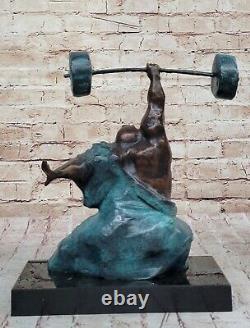 Signed Pure Bronze Marble Statue Art Hercules Weightlifting Sculpture Opener