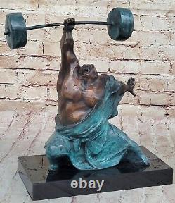 Signed Pure Bronze Marble Statue Art Hercules Weightlifting Sculpture Opens.