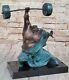 Signed Pure Bronze Marble Statue Art Hercules Weightlifting Sculpture Opens.