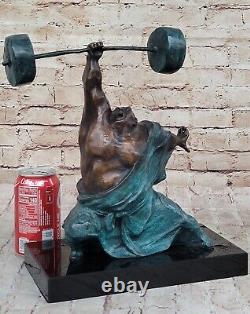 Signed Pure Bronze Marble Statue Art Hercules Weightlifting Sculpture Opens.