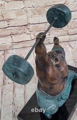 Signed Pure Bronze Marble Statue Art Hercules Weightlifting Sculpture Opens.