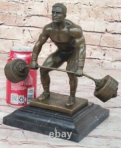 Signed Pure Bronze Marble Statue Hercules Weightlifting Sculpture Bodybuilder