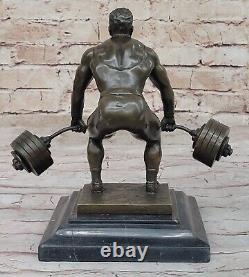 Signed Pure Bronze Marble Statue Hercules Weightlifting Sculpture Bodybuilder