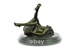 Signed Real Bronze On Marble Base Serre-books Sculpture Chair Girl Exposed