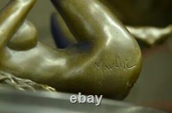 Signed Real Bronze On Marble Base Serre-books Sculpture Chair Girl Exposed