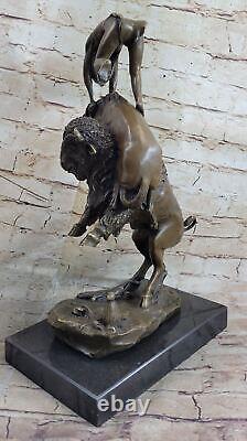 Signed Remington Indian Man Horse and Buffalo Bronze Sculpture Marble Art.