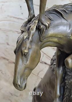Signed Remington Indian Man Horse and Buffalo Bronze Sculpture Marble Art.