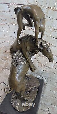 Signed Remington: Indian, Man, Horse, and Buffalo Bronze Sculpture Marble Art