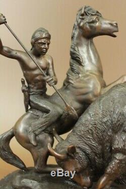 Signed Remington Native American Hunter Buffalo Bronze Sculpture Marble