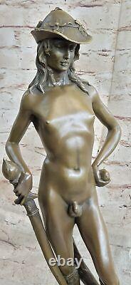 Signed Restoration of Donatello's Nude Male David Marble Erotic Figurine Sculpture