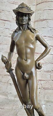 Signed Restoration of Donatello's Nude Male David Marble Erotic Figurine Sculpture