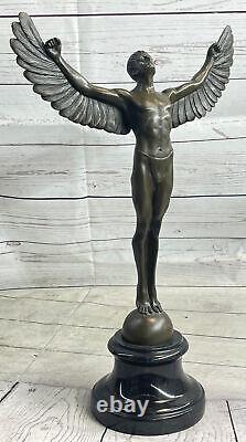 Signed Rising Day Male Chair Sensual Bronze Marble Figurine Statue