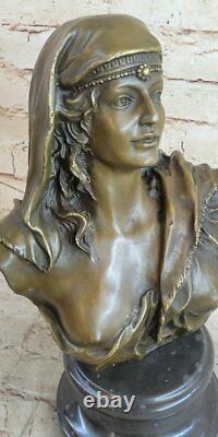 Signed Sensual Nude Woman Bronze and Marble Art Sculpture Statue