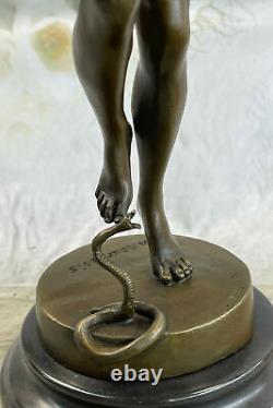 Signed Serpent Charmer Bronze Marble Sculpture Art Deco Figurine Base Decor