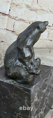 Signed Sitting Polar Bear Bronze Bookend Book End Marble Sculpture