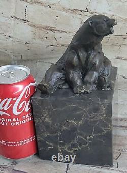 Signed Sitting Polar Bear Bronze Bookend Marble Sculpture Opens