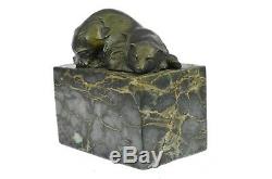Signed Slepping Polar Bear Bronze Book End Deco Marble Statue