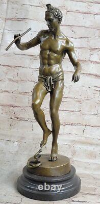 Signed Snake Charmer Bronze Sculpture on Marble Base Art Deco Decorative Figurine